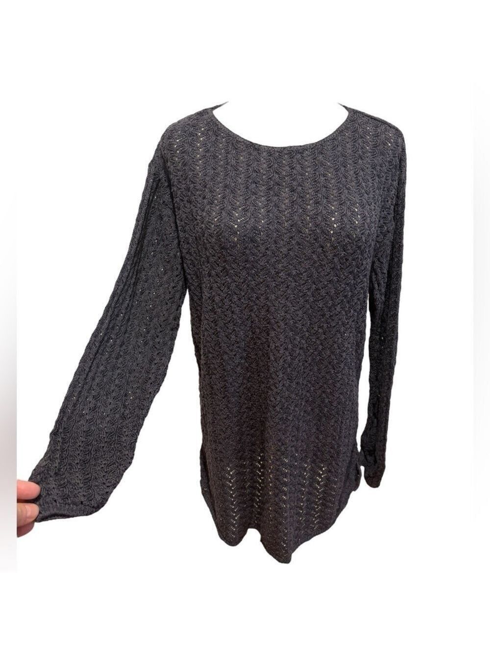 70s GRAY BLUE OVERSIZED CABLE KNIT SCOOP NECK SLOUCHY SLEEVE PULLOVER SWEATER